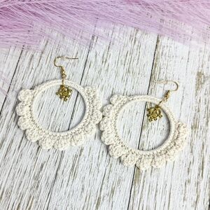 Elegant Cream Crochet Hoop Handmade Earrings